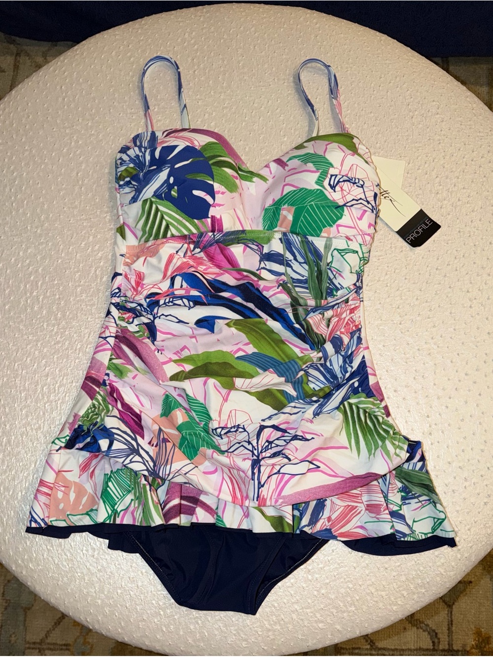 NWT Profile by Gottex Tropical Print Ruched Skirted Resort Wear Swimdress Sz 12 - Picture 3 of 6